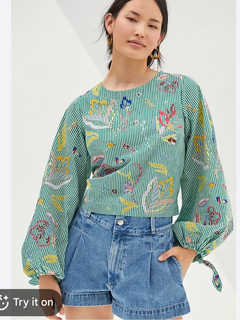 Anthropologie Striped Green Floral-Embroidered Balloon Sleeve Top